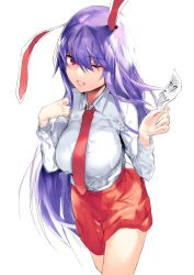 Rule 34 | 1girl, animal ears, asuzemu, breasts, commentary request, cowboy shot, grin, hair between eyes, hands up, holding, holding paper, large breasts, long hair, long sleeves, looking at viewer, miniskirt, necktie, one eye closed, paper, purple hair, rabbit ears, red eyes, red necktie, red skirt, reisen udongein inaba, shirt, simple background, skirt, smile, solo, standing, thighs, touhou, translation request, very long hair, white background, white shirt