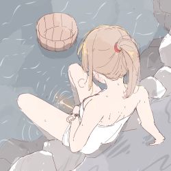Rule 34 | 1girl, arm support, bathhouse, blush, brown hair, bucket, cha mizu, facing away, from above, from behind, highres, legs apart, partially submerged, peeing, ponytail, rock, shirt, sitting, white shirt