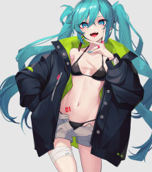 Rule 34 | absurdres, aqua eyes, aqua hair, aqua nails, bandaged leg, bandages, bikini, bikini under clothes, breasts, breasts apart, contrapposto, cowboy shot, earrings, eyeshadow, fang, hair between eyes, haisoufx, hand in pocket, hand up, hatsune miku, highres, jacket, jewelry, long hair, looking at viewer, makeup, nail polish, navel, off shoulder, open clothes, open fly, open jacket, open mouth, ring, short shorts, shorts, simple background, smile, swimsuit, twintails, v over mouth, very long hair, vocaloid, wide hips