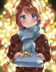 Rule 34 | 1girl, bad id, bad twitter id, black coat, blue eyes, blue scarf, blurry, blush, bokeh, box, braid, brown hair, christmas, coat, commentary request, depth of field, double-breasted, gift, gift box, highres, holding, holding gift, incoming gift, long sleeves, looking at viewer, love live!, love live! sunshine!!, minori 748, night, outdoors, scarf, short hair, side braid, smile, solo, upper body, watanabe you
