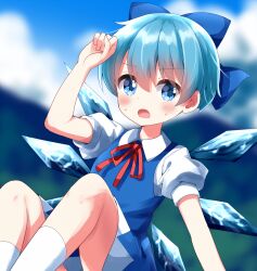 Rule 34 | 1girl, alternate hairstyle, blue bow, blue dress, blue eyes, blurry, blurry background, blush, bow, cirno, cloud, commentary request, detached wings, dress, feet out of frame, hair bow, highres, horizon, ice, ice wings, looking at viewer, mountainous horizon, open mouth, outdoors, ruu (tksymkw), short hair, short sleeves, socks, solo, touhou, white socks, wings