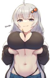 Rule 34 | 1girl, :q, ahoge, between breasts, black panties, blue eyes, breasts, breasts squeezed together, cleavage, closed mouth, food, grey hair, hair ornament, highres, huge breasts, kizuna akari, large breasts, looking at viewer, navel, panties, pocky, shun (b.c), simple background, smile, solo, tank top, tongue, tongue out, underwear, voiceroid, white background