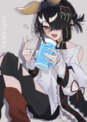 Rule 34 | 1girl, @ @, alternate costume, black hair, black pants, blouse, blush, bow, cup, drunk, fate/grand order, fate (series), grey background, hair bow, highres, holding, holding cup, kiga salt, long sleeves, mole, mole under eye, mug, open mouth, pants, red socks, shadow, shirt, short hair, simple background, smile, socks, solo, white shirt, xu fu (fate)