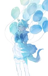 Rule 34 | 1girl, ^ ^, absurdres, animal ears, arms at sides, backlighting, balloon, blue theme, bow, bowtie, closed eyes, facing viewer, feet, highres, horse ears, horse girl, horse tail, k.s.miracle (umamusume), medium hair, nayuta ggg, open mouth, puffy short sleeves, puffy sleeves, sailor collar, school uniform, short sleeves, skirt, smile, solo, standing, tail, thighhighs, tracen school uniform, umamusume, white background, wind