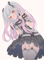 Rule 34 | 1girl, black dress, blush, closed mouth, commentary request, dress, earrings, frilled panties, frilled thighhighs, frills, garter straps, gothic lolita, gradient hair, green hair, hololive, jewelry, lolita fashion, looking at viewer, multicolored hair, panties, pantyshot, pink hair, red eyes, revision, skull earrings, solo, thighhighs, twintails, underwear, uruha rushia, uruha rushia (3rd costume), vinhnyu, virtual youtuber, white panties, white thighhighs