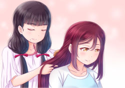 Rule 34 | 10s, 2girls, alternate hairstyle, blunt bangs, blush, brown eyes, brown hair, brushing hair, closed eyes, closed mouth, hair between eyes, hair brush, hair over shoulder, hair ribbon, hand in another&#039;s hair, highres, kurosawa dia, love live!, love live! sunshine!!, low twintails, mole, mole under mouth, multiple girls, naato (naht), pink background, red hair, red ribbon, ribbon, sakurauchi riko, shirt, smile, twintails, upper body
