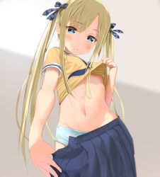 Rule 34 | 1girl, blue bow, blue eyes, blue neckerchief, blue panties, blue skirt, blush, bow, breasts, brown hair, brown shirt, closed mouth, clothes lift, clothes pull, commentary request, grey background, groin, hair bow, highres, lifting own clothes, long hair, navel, neckerchief, original, panties, plaid, plaid bow, pleated skirt, pulling own clothes, sakazakinchan, school uniform, serafuku, shirt, shirt lift, skirt, skirt pull, small breasts, solo, stomach, twintails, underwear, very long hair