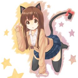 Rule 34 | 1girl, :o, all fours, animal ears, bad id, bad pixiv id, blush, broom, brown hair, cardigan, cat ears, cat tail, long hair, looking at viewer, melsy, open mouth, original, paw pose, ribbon, skirt, solo, sweater, tail, tail ornament, tail ribbon