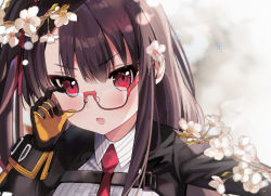 Rule 34 | 1girl, :o, adjusting eyewear, arm up, bespectacled, black hair, blush, close-up, commentary, english commentary, girls&#039; frontline, glasses, gloves, hair ribbon, kongya, long hair, long sleeves, looking at viewer, necktie, one side up, open mouth, orange gloves, red-tinted eyewear, red eyes, red necktie, red ribbon, ribbon, semi-rimless eyewear, solo, straight hair, tinted eyewear, under-rim eyewear, v-shaped eyebrows, very long hair, wa2000 (girls&#039; frontline)