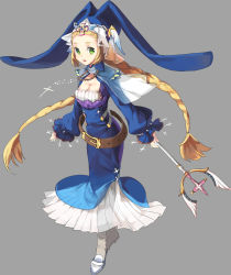 Rule 34 | 1girl, anmi, belt, belt skirt, blonde hair, braid, breasts, cleavage, cross, fantasy, green eyes, hat, highres, hobble dress, jewelry, necklace, original, rpg maker, rpg maker ds, simple background, solo, staff, twin braids, twintails