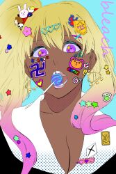 Rule 34 | 1girl, absurdres, bleach, blonde hair, blue background, breasts, candy, cleavage, collarbone, copyright name, dark-skinned female, dark skin, earrings, food, food in mouth, ganguro, gyaru, hair between eyes, hair ornament, highres, hollow mask, hoop earrings, jewelry, ken&#039;ichi (ken1ro u), lipgloss, lollipop, looking at viewer, mandala, manji (symbol), medium breasts, multicolored hair, open mouth, pin, purple eyes, purple hair, side ponytail, star (symbol), star in eye, sticker on face, symbol in eye, teeth, tooth gap, two-tone hair, yayahara yuyu