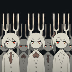 Rule 34 | 6+others, avogado6, black background, bow, bowtie, bright pupils, long sleeves, looking at viewer, multiple others, necktie, no mouth, original, red bow, red eyes, red neckwear, tuning fork, white hair, white pupils