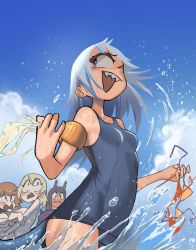 Rule 34 | 4girls, bikini, blonde hair, blue eyes, blue hair, blush, breasts, clothes theft, cloud, covering privates, covering breasts, fins, fish tail, gawr gura, holding, hololive, hololive english, inflatable armbands, large breasts, long hair, multicolored hair, multiple girls, ninomae ina&#039;nis, one-piece swimsuit, open mouth, orange hair, outdoors, purple hair, school swimsuit, shark tail, sharp teeth, sky, splashing, streaked hair, swimsuit, tail, takanashi kiara, teeth, theft, virtual youtuber, water, watson amelia, zedd (zedgawr)