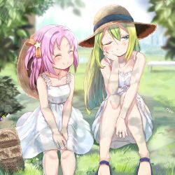 Rule 34 | 2girls, alina gray, aqua eyes, blunt ends, closed mouth, dress, green hair, hair between eyes, hair ornament, hair ribbon, hat, hitoshi suda, long hair, magia record: mahou shoujo madoka magica gaiden, mahou shoujo madoka magica, medium hair, misono karin, multicolored hair, multiple girls, on grass, one eye closed, orange ribbon, outdoors, parted bangs, parted hair, purple hair, ribbon, sidelocks, smile, star (symbol), star hair ornament, straight hair, straw hat, streaked hair, tree, two side up, very long hair, white dress