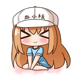 Rule 34 | &gt;:), &gt; &lt;, 10s, 1girl, barefoot, blue shirt, blush, brown shorts, character name, closed eyes, closed mouth, clothes writing, commentary request, facing viewer, flat cap, hair between eyes, hana kazari, hat, hataraku saibou, light brown hair, long hair, platelet (hataraku saibou), shirt, short shorts, short sleeves, shorts, sitting, smile, solo, v-shaped eyebrows, v arms, very long hair, wariza, white background, white hat
