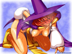 Rule 34 | 00s, 1girl, 2003, ;p, all fours, aozoraichi, blush, breasts, capcom, cape, dated, detached sleeves, female masturbation, female pubic hair, full-face blush, hanging breasts, hat, masturbation, nipples, one eye closed, pubic hair, red hair, short hair, solo, sweat, tabasa, tongue, tongue out, warzard, wink, witch, witch hat