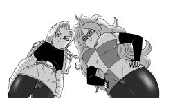 Rule 34 | 2girls, absurdres, android 18, android 21, breasts, cameltoe, detached sleeves, dragon ball, dragon ball fighterz, dragonball z, female focus, from below, frown, funsexydragonball, hands on own hips, highres, large breasts, legs, looking at viewer, looking down, monochrome, multiple girls, panties, pantyhose, serious, simple background, skirt, smug, thigh gap, underwear, upskirt, white background