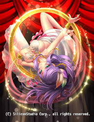 Rule 34 | 1girl, barefoot, blurry, bracelet, breasts, cleavage, company name, curtains, depth of field, feathers, full body, green eyes, gyakushuu no fantasica, highres, jewelry, long hair, official art, purple hair, ring, ryuki@maguro-ex, sideboob, solo, sparkle, veins, veiny breasts