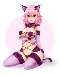 Rule 34 | 1girl, animal ears, bare shoulders, blush, breasts, cleavage, cosplay, elbow gloves, fate/grand order, fate (series), fur trim, gloves, guilty crown, hair ornament, hairclip, halloween costume, highres, long hair, looking at viewer, mash kyrielight, mash kyrielight (dangerous beast), mash kyrielight (dangerous beast) (cosplay), naer0, navel, official alternate costume, pink hair, red eyes, shielder (fate/grand order) (cosplay), solo, tail, thighhighs, twintails, wolf ears, wolf tail, yuzuriha inori