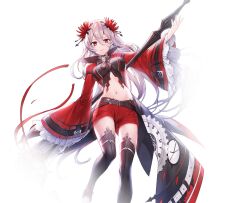 Rule 34 | 1girl, :|, artist request, belt, black belt, black bra, black thighhighs, bra, breasts, clock, closed mouth, erythrina (legend of neverlands), flower, grey hair, hair flower, hair ornament, holding, holding weapon, legend of neverlands, long hair, long sleeves, looking at viewer, medium breasts, pants, red eyes, red flower, red pants, red shorts, red sleeves, roman numeral, shorts, solo, source request, stomach, thighhighs, transparent background, underwear, weapon, white hair