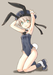 Rule 34 | 10s, 1girl, adapted costume, animal ears, armpits, arms up, bare legs, beret, blush, clothes writing, detached collar, fake animal ears, full body, green eyes, hat, kantai collection, katahira masashi, leotard, looking at viewer, playboy bunny, rabbit ears, rabbit tail, sailor hat, short hair, silver hair, sketch, smile, solo, tail, wrist cuffs, z1 leberecht maass (kancolle)