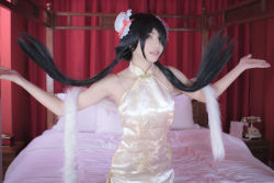 Rule 34 | 1girl, artist request, asian, bare shoulders, bed, bedroom, black hair, blurry, bun cover, china dress, chinese clothes, cosplay, curtains, date a live, depth of field, double bun, dress, hair bun, hair over one eye, halter dress, halterneck, indoors, long hair, looking at viewer, nightstand, on bed, parted lips, phone, photo (medium), pillow, red eyes, sleeveless, sleeveless dress, solo, thighhighs, tokisaki kurumi, tokisaki kurumi (cosplay), twintails, zettai ryouiki