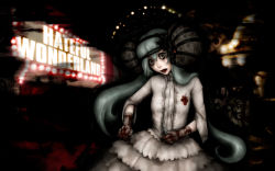 Rule 34 | bandages, blood, genk, gloves, green eyes, green hair, hateful wonderland (vocaloid), hatsune miku, highres, jewelry, lipstick, makeup, needle, open mouth, ring, solo, vocaloid