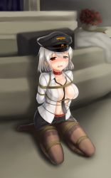 Rule 34 | 1girl, absurdres, bdsm, between breasts, black skirt, blush, bondage, bound, breasts, brown pantyhose, collar, graf zeppelin (warship girls r), hat, highres, lanse dai mao, large breasts, looking at viewer, miniskirt, navel, necktie, necktie between breasts, on floor, open clothes, open mouth, open shirt, panties, panties under pantyhose, pantyhose, peaked cap, pencil skirt, red eyes, shibari, shirt, short hair, silver hair, sitting, skirt, solo, thighband pantyhose, underwear, warship girls r