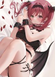 Rule 34 | 1girl, black bra, bra, breasts, cleavage, demon wings, hair ornament, heterochromia, highres, hololive, houshou marine, lace, large breasts, looking at viewer, mashiro chun, navel, red eyes, red hair, solo, stomach, underwear, virtual youtuber, wings