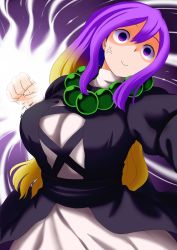 Rule 34 | 1girl, anger vein, aura, beads, blonde hair, breasts, clenched hand, cross-laced clothes, dress, false smile, female focus, gradient hair, hijiri byakuren, incoming attack, incoming punch, large breasts, layered dress, long hair, multicolored hair, obi, poronegi, prayer beads, puffy short sleeves, puffy sleeves, punching, purple eyes, purple hair, sash, short sleeves, smile, solo, torn clothes, touhou, turtleneck