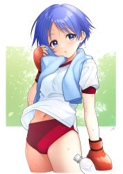 Rule 34 | 1girl, :o, absurdres, blue eyes, blue hair, blush, bottle, breasts, buruma, commentary, cowboy shot, fingerless gloves, gloves, gym uniform, hair between eyes, hand up, highres, holding, holding bottle, looking at viewer, matsubara aoi, mikapoe, navel, red buruma, red gloves, school uniform, shirt, short hair, short sleeves, sidelocks, signature, small breasts, solo, standing, stomach, sweat, to heart, to heart (series), towel, towel around neck, water bottle, white background, white shirt, wiping sweat
