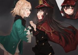 Rule 34 | 2girls, :d, aqua jacket, belt, black hair, black jacket, blonde hair, blush, breasts, cape, chain, commentary, cowboy shot, d:, embarrassed, fate (series), from side, grey background, hair ribbon, hat, jacket, koha-ace, long hair, long sleeves, looking away, looking to the side, mochii, multiple girls, oda nobunaga (fate), oda nobunaga (koha-ace), okita souji (fate), okita souji (koha-ace), open mouth, red cape, red eyes, ribbon, scarf, shinsengumi, short hair, signature, smile, sparks, standing, surprised, wide sleeves, yuri