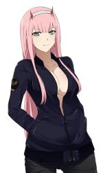 Rule 34 | 1girl, black jacket, black pants, breasts, cleavage, closed mouth, collarbone, cowboy shot, darling in the franxx, green eyes, hairband, hands in pockets, horns, jacket, large breasts, lizta, long hair, long sleeves, looking at viewer, makeup, mascara, open clothes, open jacket, pants, partially unzipped, pink hair, simple background, smile, solo, standing, straight hair, thigh gap, very long hair, white background, white hairband, zero two (darling in the franxx)