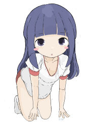 Rule 34 | 1girl, :o, absurdres, all fours, blue eyes, blue hair, blush stickers, buruma, collarbone, commentary request, full body, furude rika, gym shirt, gym uniform, highres, higurashi no naku koro ni, long hair, looking at viewer, no shoes, parted lips, puffy short sleeves, puffy sleeves, red buruma, rururu (pyrk8855), shirt, short sleeves, simple background, socks, solo, very long hair, white background, white socks