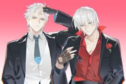 Rule 34 | 2boys, bishounen, blue eyes, cumcmn, dante (devil may cry), devil may cry (series), flower, formal, gloves, highres, looking at viewer, multiple boys, necktie, red background, rose, suit, vergil (devil may cry), white hair
