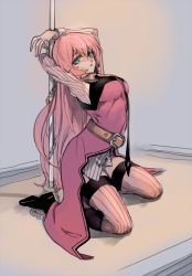 Rule 34 | 1girl, arched back, arms up, belt, black thighhighs, blue eyes, boots, breasts, chain, chained, commentary, dress, english commentary, funkid, highres, knee boots, kneeling, long hair, looking at viewer, medium breasts, megurine luka, pink dress, pink hair, pole, shirt, solo, striped clothes, striped shirt, striped thighhighs, thighhighs, very long hair, vocaloid