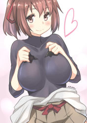 Rule 34 | 10s, 1girl, absurdres, blush, breasts, brown eyes, brown hair, hair ribbon, highres, impossible clothes, impossible sweater, ise (kancolle), kantai collection, large breasts, long hair, ponytail, ribbon, ryuki (ryukisukune), short hair, smile, sweater, turtleneck