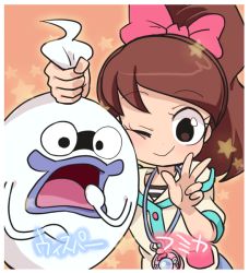 Rule 34 | 10s, 1girl, bad id, bad pixiv id, brown hair, character name, ghost, gradient background, high ponytail, kodama fumika, long hair, looking at viewer, one eye closed, open mouth, pendant watch, purple lips, sakiko (gekiama), smile, star (symbol), traditional youkai, watch, whisper (youkai watch), youkai watch, youkai watch (object)