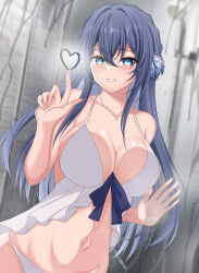 Rule 34 | 1girl, absurdres, against glass, arknights, astesia (arknights), blue eyes, blue hair, blue ribbon, blush, breasts, cleavage, collarbone, glass writing, hair between eyes, heart, highres, jewelry, large breasts, long hair, looking at viewer, navel, necklace, panties, ribbon, shirt, shower (place), smile, solo, underwear, upper body, white panties, white shirt, wing228