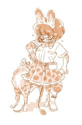 Rule 34 | 1girl, alternate costume, animal ears, blush, boots, bow, bowtie, cat teaser, commentary request, elbow gloves, fake animal ears, flying sweatdrops, footwear bow, frilled skirt, frills, full body, fur, glasses, gloves, kemono friends, mitsumoto jouji, one erika, original, print bow, print bowtie, print gloves, print neckwear, print skirt, print thighhighs, serval, serval print, serval tail, short hair, short sleeves, skirt, solo, tail, thighhighs, traditional bowtie