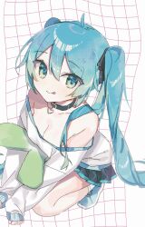 Rule 34 | 1girl, absurdres, adapted costume, ahoge, alternate costume, aqua eyes, aqua footwear, aqua hair, bare shoulders, belt collar, breasts, cleavage, closed mouth, collarbone, dithering, double-parted bangs, food, from above, hair between eyes, hatsune miku, heart pendant, highres, holding, holding food, holding spring onion, holding vegetable, licking lips, long hair, long sleeves, looking at viewer, medium breasts, miniskirt, off-shoulder shirt, off shoulder, pleated skirt, shirt, shoes, simple background, sketch, skirt, sleeves past wrists, smile, sneakers, socks, solo, spring onion, squatting, tongue, tongue out, tsuchinoko (tutituti0125), twintails, v arms, vegetable, very long hair, vocaloid, white shirt