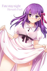 Rule 34 | 1girl, black ribbon, blush, breasts, buttons, cherry blossoms, closed mouth, clothes lift, collarbone, collared dress, commentary request, copyright name, dress, dutch angle, embarrassed, empty eyes, falling petals, fate/stay night, fate (series), fingernails, hair between eyes, hair ribbon, heavens feel, highres, lifted by self, long dress, long hair, looking down, matou sakura, medium breasts, nose blush, official alternate costume, petals, pink dress, pink ribbon, puffy short sleeves, puffy sleeves, purple eyes, purple hair, ribbon, samoore, sash, short sleeves, sidelocks, simple background, skirt, skirt hold, skirt lift, solo, standing, thighs, white background