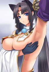 Rule 34 | 1girl, areola slip, armor, armpits, asymmetrical sleeves, black hair, blue eyes, blue gloves, breast curtains, breasts, circlet, cleavage, detached sleeves, fate/grand order, fate (series), gachou, gloves, hair ornament, hat, highres, japanese armor, kusazuri, long hair, looking at viewer, mismatched sleeves, pom pom (clothes), revealing clothes, side ponytail, solo, sweat, ushiwakamaru (fate), very long hair