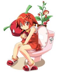 Rule 34 | 00s, 1girl, anger vein, blush, chili pepper, dress, habanero pepper, habanero-tan, lowres, netrunmon, original, red eyes, red hair, slippers, solo, toilet, toilet use, watanabe akio
