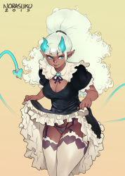 Rule 34 | 1girl, absurdres, alternate costume, blue eyes, blunt bangs, breasts, cleavage, clothes lift, dark-skinned female, dark skin, demon girl, demon horns, demon tail, dress, dress lift, earrings, enmaided, frilled dress, frills, garter straps, highres, horns, jewelry, large breasts, lifting own clothes, lips, long hair, looking at viewer, maid, monster girl, norasuko, original, panties, pointy ears, ponytail, slush (norasuko), smile, solo, tail, tail ornament, tail ring, thighhighs, underwear, white hair, yellow background