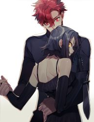 Rule 34 | 1boy, 1girl, arm around waist, baccano!, bare shoulders, black gloves, black hair, chane laforet, claire stanfield, couple, dress, gloves, hair between eyes, holding, holding knife, honey dogs, knife, looking back, red eyes, red hair, short hair, simple background, weapon, white background, yellow eyes