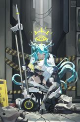 Rule 34 | 1girl, absurdres, antlers, black gloves, black shorts, black thighhighs, blue hair, breasts, brown eyes, caution tape, cleavage, commentary request, fangs, gloves, grin, half-closed eyes, halo, highres, holding, horns, large breasts, long hair, looking at viewer, mecha musume, natori youkai, one side up, original, short shorts, shorts, sign, sitting, smile, solo, thighhighs, very long hair, white gloves, yellow halo