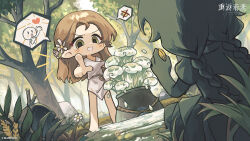 Rule 34 | 2girls, bare legs, barefoot, braid, brown hair, chibi, coin, copyright name, copyright notice, day, dutch angle, elf, flower, forest, grass, green eyes, hair flower, hair ornament, highres, holding, holding coin, la source (reverse:1999), logo, long hair, low twintails, multiple girls, nature, official art, open mouth, outstretched arm, parted bangs, pointing, pointing at another, pointy ears, pond, reverse:1999, second-party source, short sleeves, shout lines, solo focus, speech bubble, splashing, spoken x, squatting, standing, storage pot, tree, tunic, twin braids, twintails, v-shaped eyebrows, water, water drop, white flower, white tunic