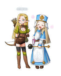 Rule 34 | ..., 2girls, arrow (projectile), black thighhighs, blonde hair, blue dress, blue eyes, boots, bow (weapon), braid, breasts, brown footwear, brown shorts, cleavage, closed eyes, dress, earrings, hand on own hip, hand up, hat, highres, holding, holding bow (weapon), holding weapon, jewelry, long hair, mace, medium breasts, multiple girls, one eye closed, original, pointy ears, quiver, rinotuna, short sleeves, shorts, spiked mace, spikes, spoken ellipsis, thighhighs, weapon, white background