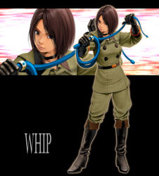 Rule 34 | 1girl, boots, brown eyes, brown hair, character name, choker, female focus, gloves, honyata, knee boots, military, military uniform, snk, solo, the king of fighters, uniform, whip, whip (kof), zoom layer